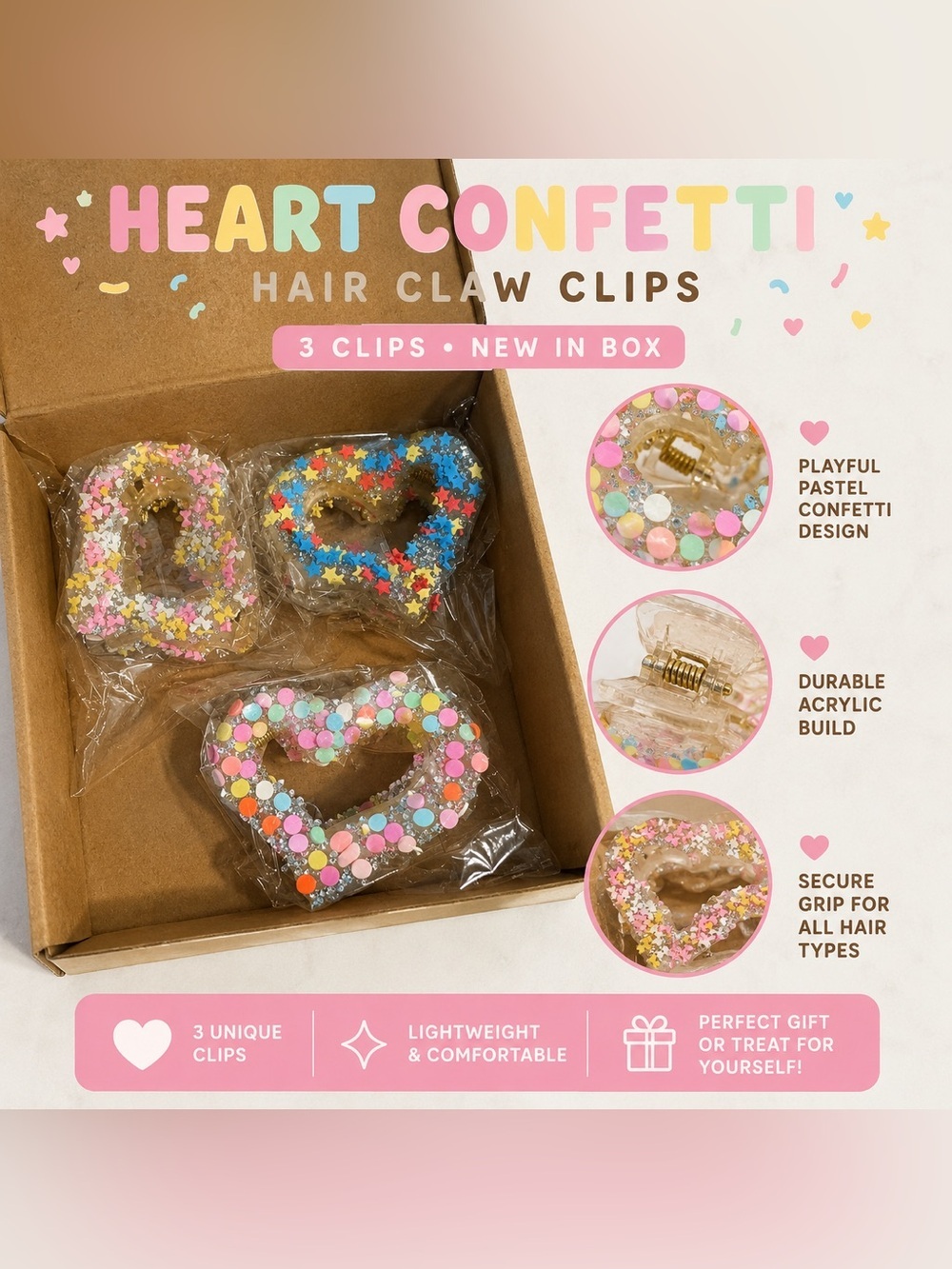 Heart Confetti Hair Claw Clips - Pastel Multi (3 Pack)